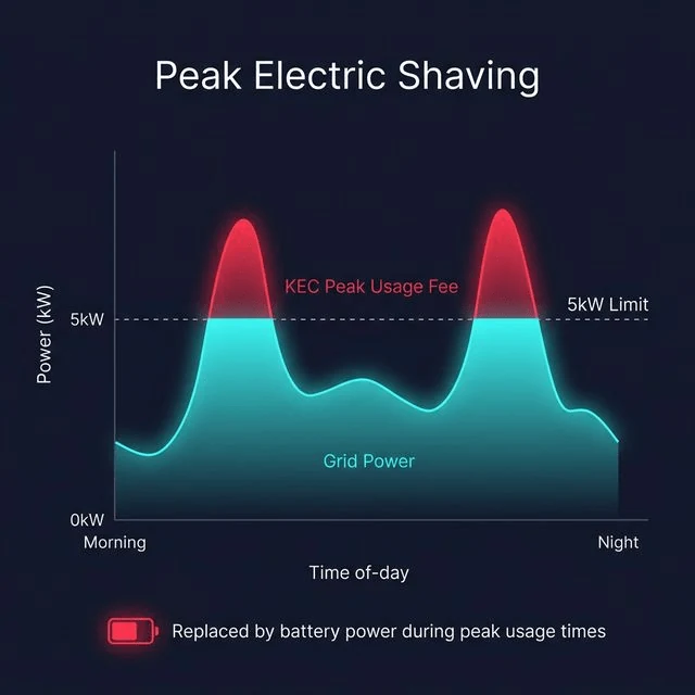 Peak Electric Shaving — graph showing how battery power replaces grid draw above 5 kW during KEC peak usage times