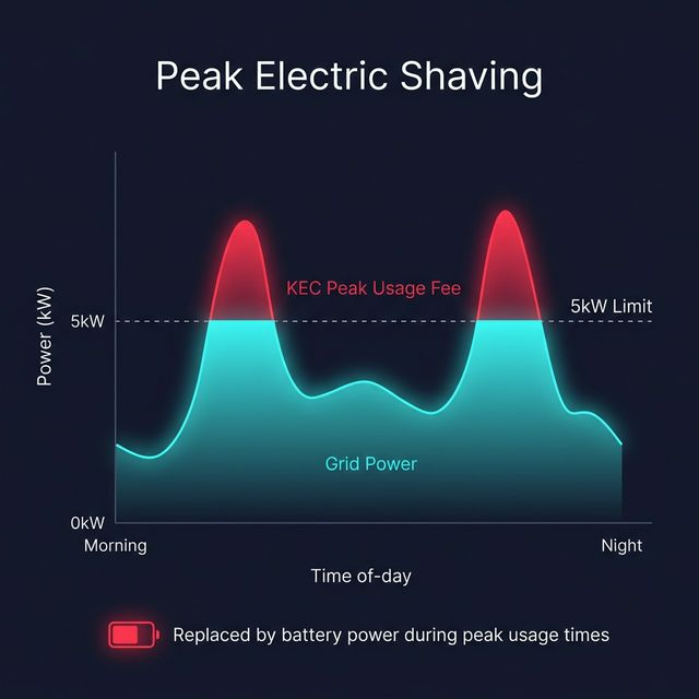 Peak Electric Shaving — graph showing how battery power replaces grid draw above 5 kW during KEC peak usage times