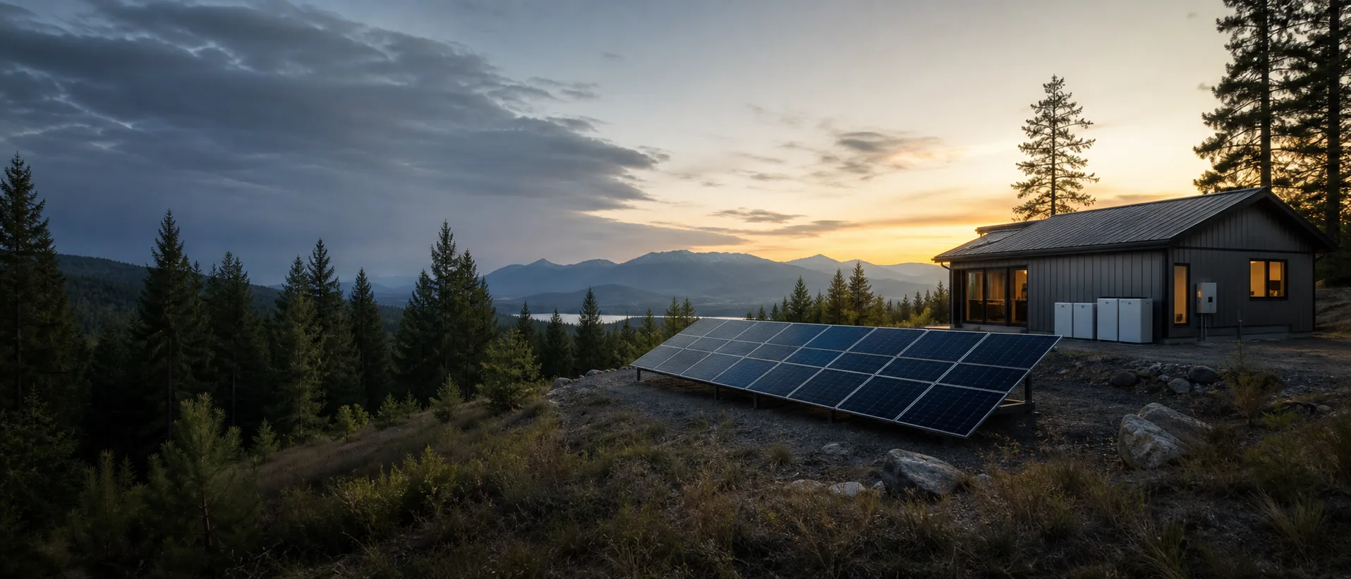 North Idaho property with solar array and battery storage at sunset