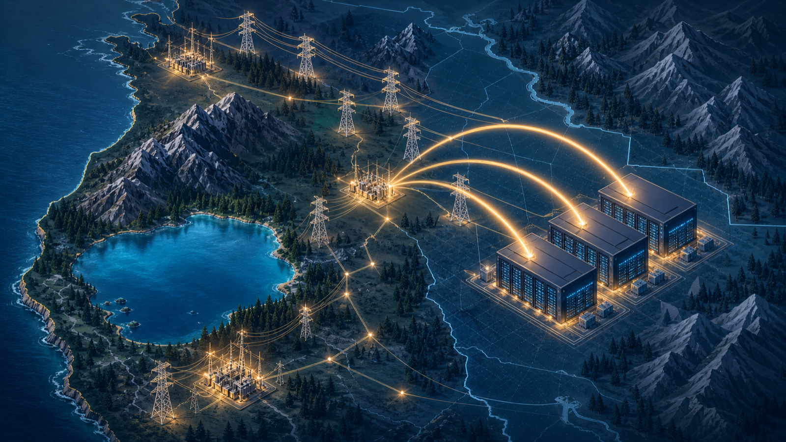 Illustrated western grid map showing capacity pressure from large data center demand between Lake Tahoe and the Pacific Northwest.