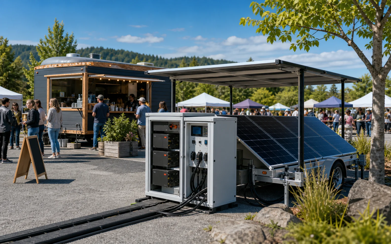 Solar battery power system serving a food truck at an outdoor market
