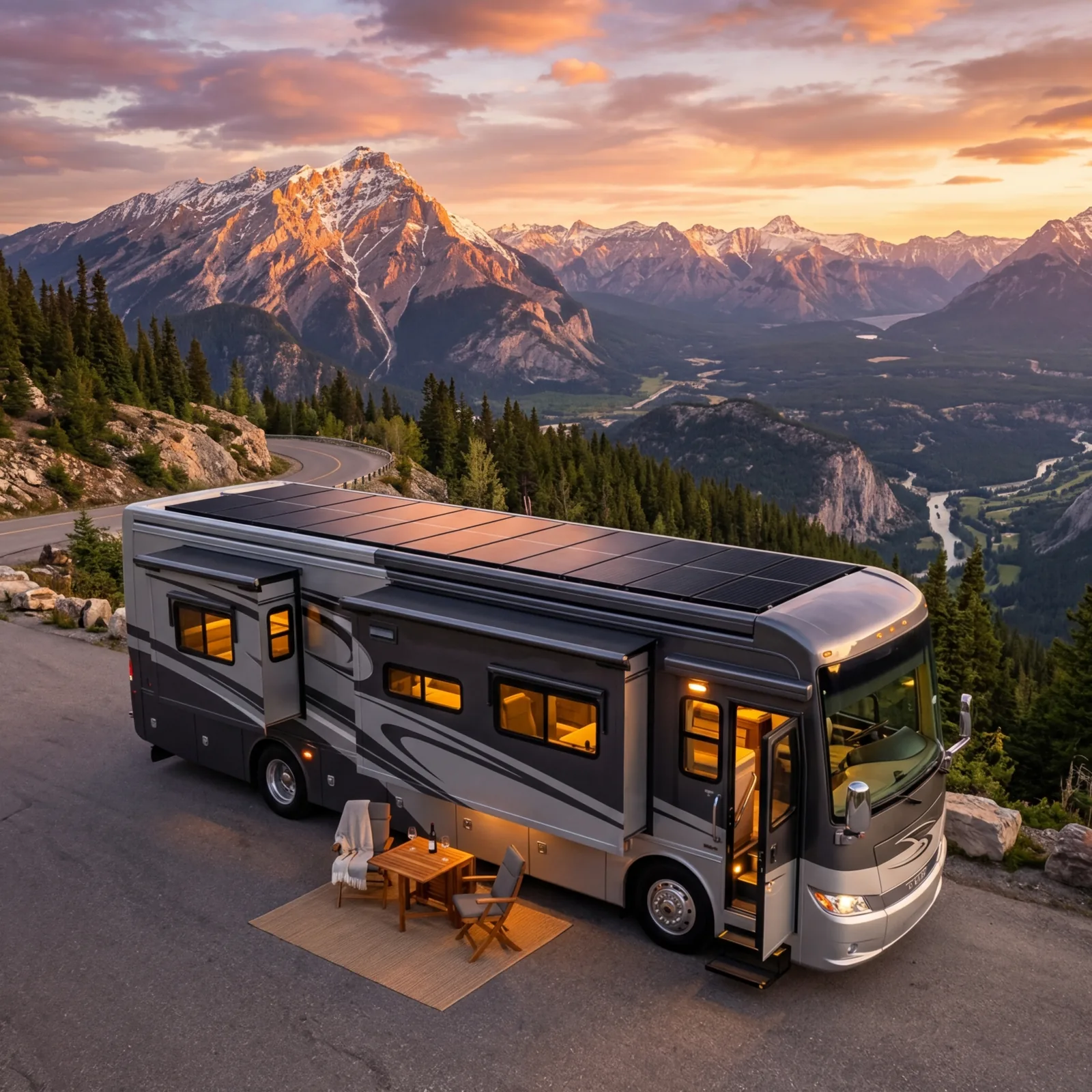 Luxury RV with solar panels in mountain setting